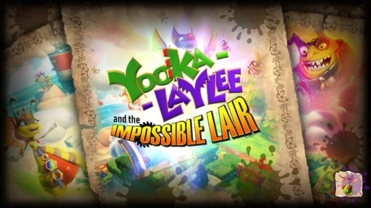 The title screen for Yooka Laylee and the Impossible Lair shows Yooka, Laylee, Mister B, and Queen Bee