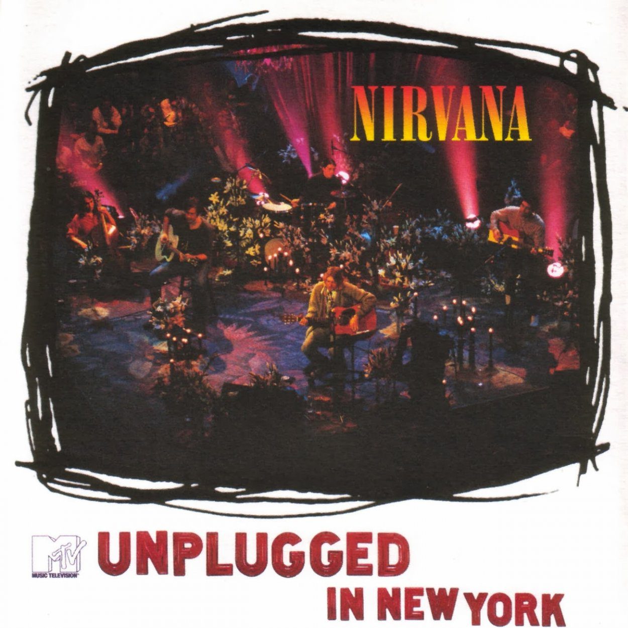 A white background gives way to a loose rectangle where we see Nirvana on stage with a number of players behind them in a small performance space.