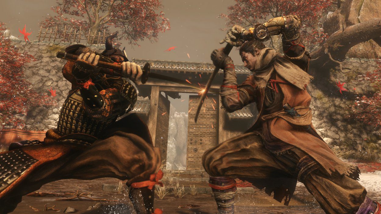 Sekiro blocks an incoming attack from an armored warrior with his katana
