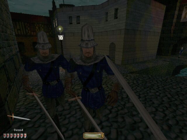 Two guards confront Garret in the corner of an alley