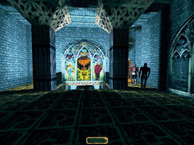 Garret stands in a temple in shadows, while two guards dressed in red patrol in the corner