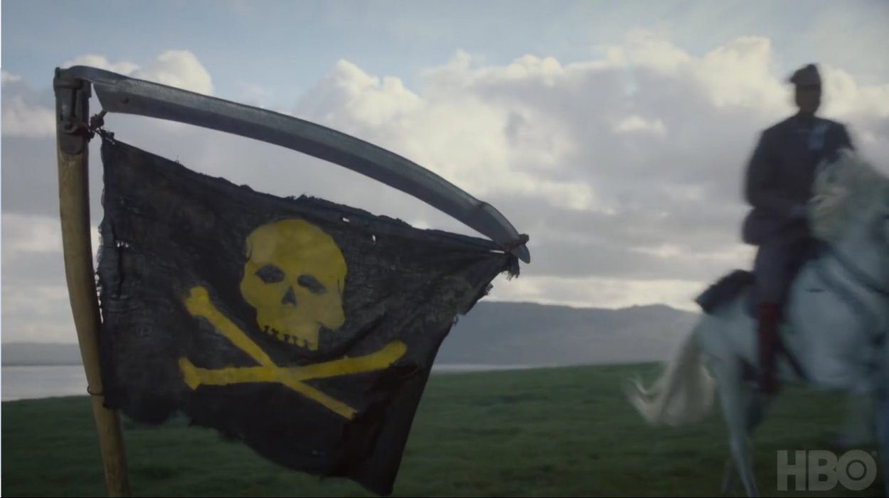 Watchmen - The Lord of a COuntry Manor rides a horse past a pirate flag