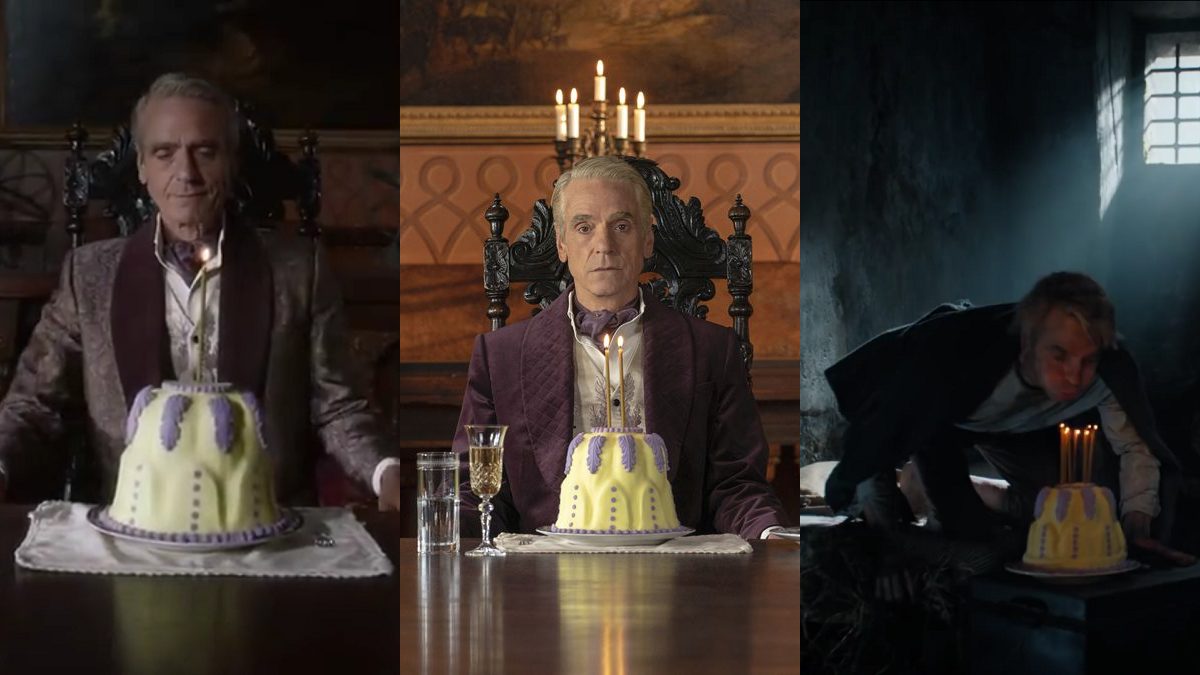 Watchmen - Three scenes of the Lord of a Country Manor with the anniversary cake, one candle, two candles, then seven candles