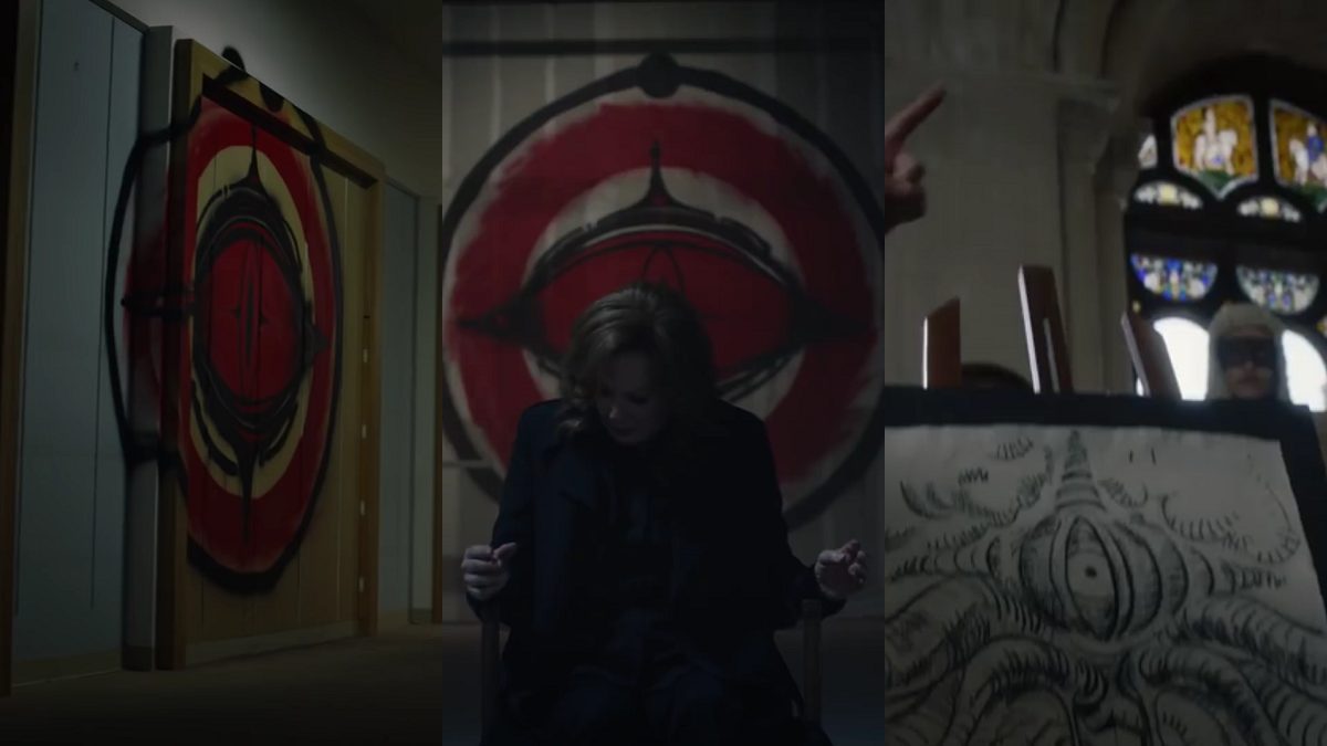 Watchmen - 3 scenes showing the red eye logo in two, and the courtroom drawing of the giant squid in the third