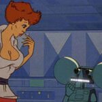A busty woman looks at a robot in Heavy Metal