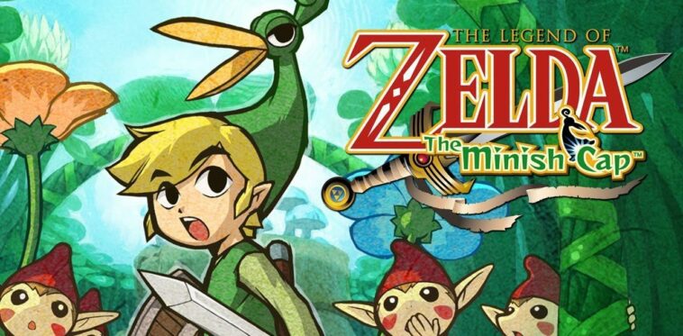 Link, in his signature green tunic, is shrunk down to miniature size, and is flanked by Picori creatures. His anthropomorphic hat, Ezlo, with his long beak, looks on