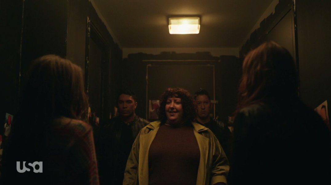 Janice confronts Dom and Darlene with two Dark Army operatives behind her