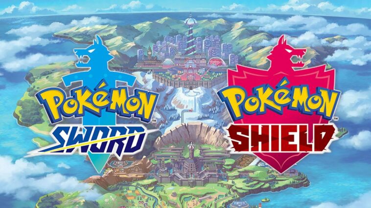 the titles of the to upcoming pokrmon games, placed in front of a shot of the galar region