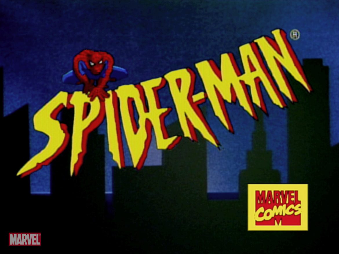 The Spider-Man cartoon logo is in yellow, and large. Spiderman sits crouched on the P and I. A City skyline is behind him, and the Marvel Comics logo is near the bottom right.