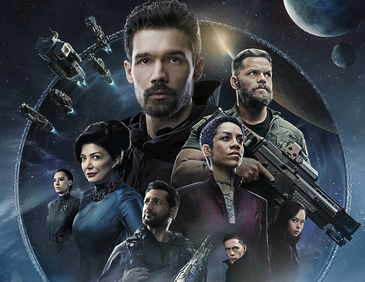 Characters from The Expanse are featured in a circle in a promo image