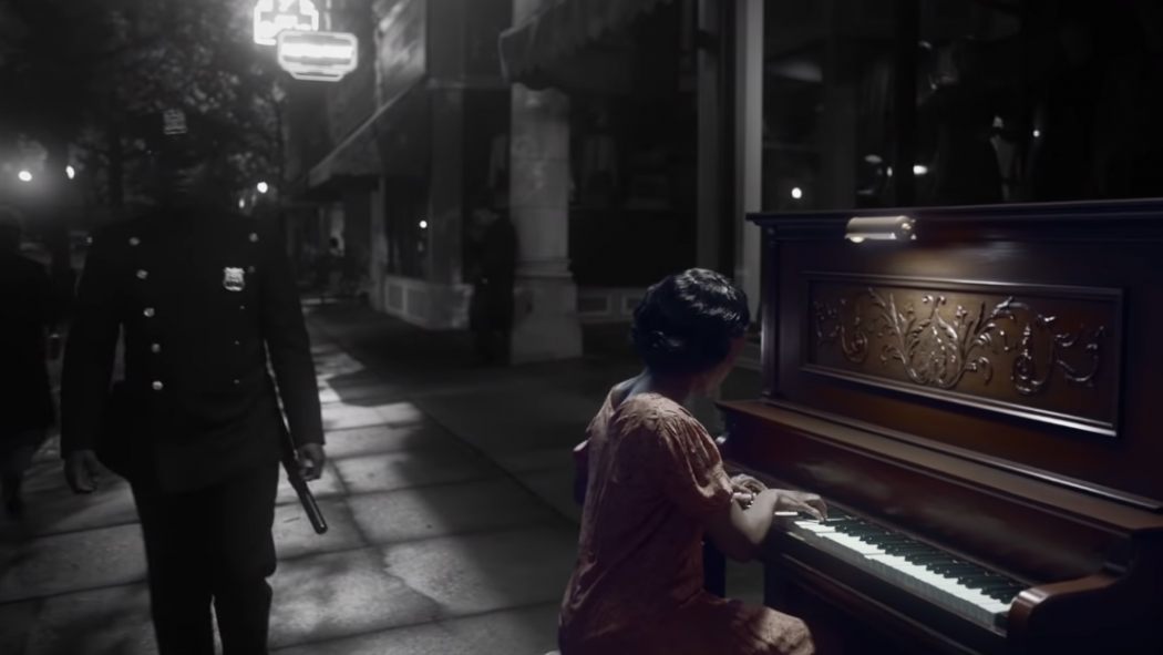 Will walks down the street as his mother plays the piano next to him.