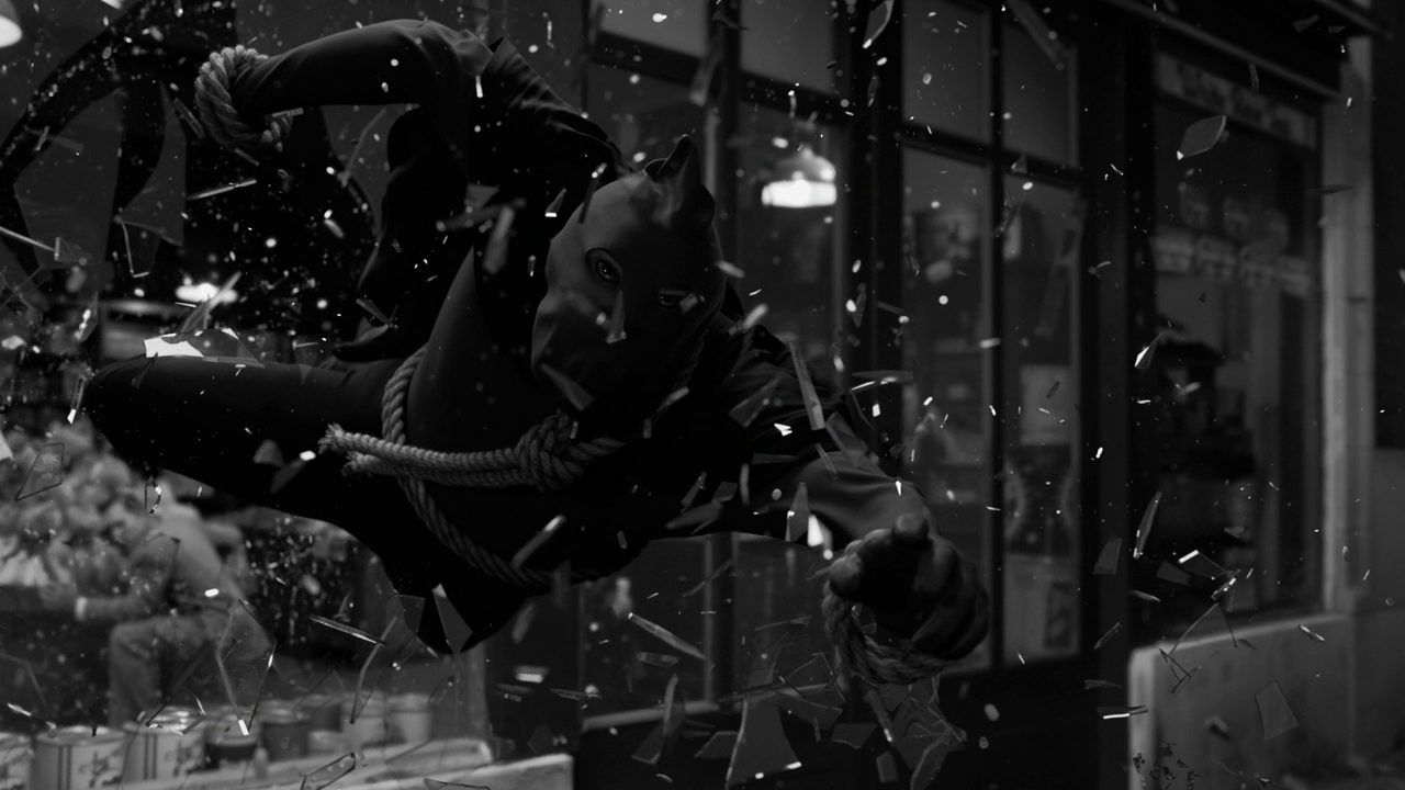 Hooded Justice dives through the front window of a grocery store in Watchmen