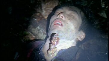 A light shines out into the forest on the body of Tanaka, who's just died when a visible fungus stalk exploded out of his neck.