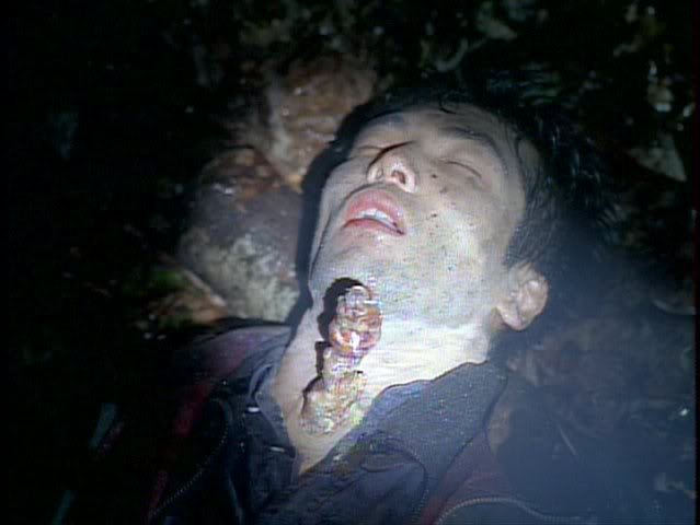 A light shines out into the forest on the body of Tanaka, who's just died when a visible fungus stalk exploded out of his neck.