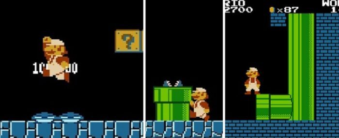 A three panel shot of things Mario does in Stage 1-2: (From left to right) Mario stomps on two Goomba's at once; Mario "skates" after exiting a pipe; Mario attempts to glitch his way to the Minus World by jumping backwards into a protruding brick at the end of the underground section of 1-2