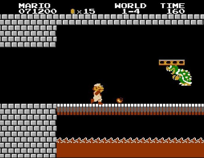 Shown: Level 1-4. Mario confronts Bowser in the stone castle. They are both on a bridge with lava below it. Mario is shooting fireballs at Bowser.