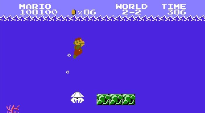 Super Mario holds his nose underwater passing by a white, squid-like Blooper.