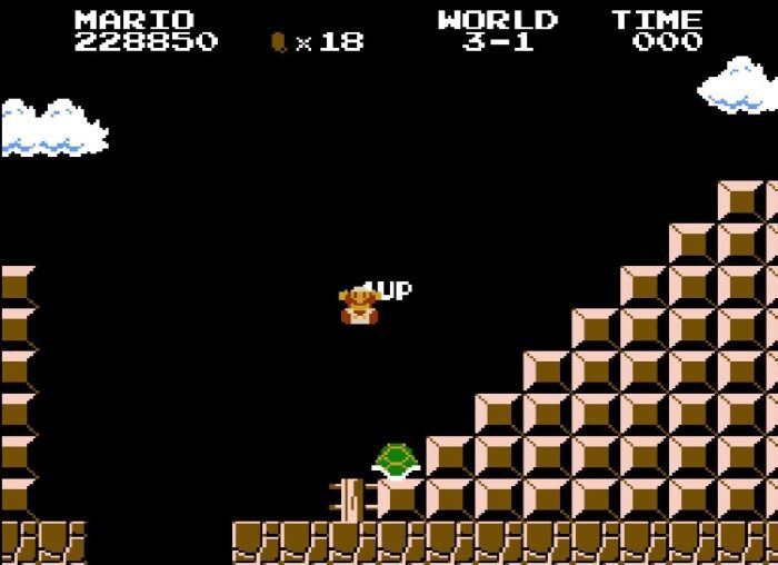 Super Fire Flower Mario dies when time runs out. He is seen here gaining points and 1 Ups by repeatedly bouncing a Koopa shell off a stair.