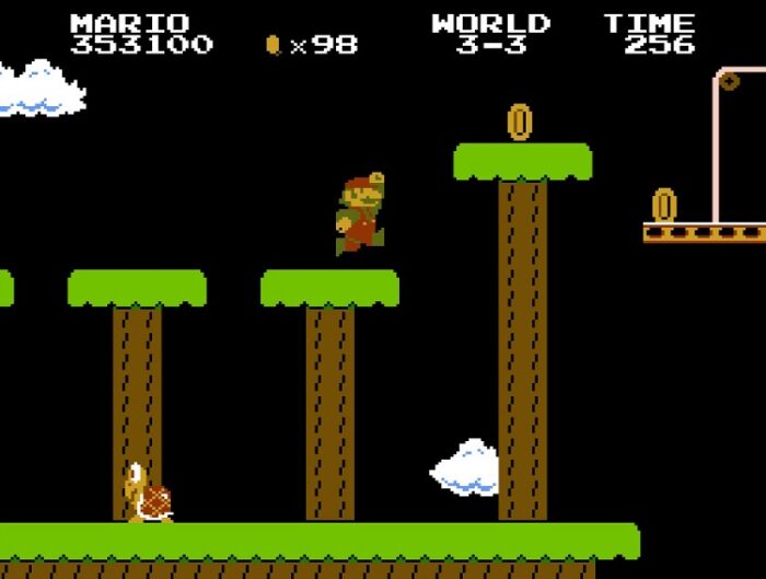 World 3-3: Nighttime. Mario jumps from platform to platform is quick succession.