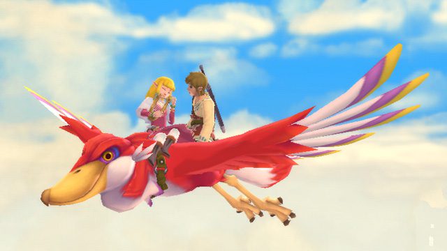 Link and Zelda share a ride through the clouds on Link's red bird.