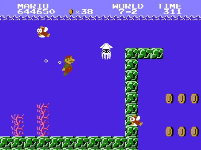 World 7-2 is a tougher remixed version of the underwater level 2-2. Pictured: Super Mario tries to move past a Blooper.