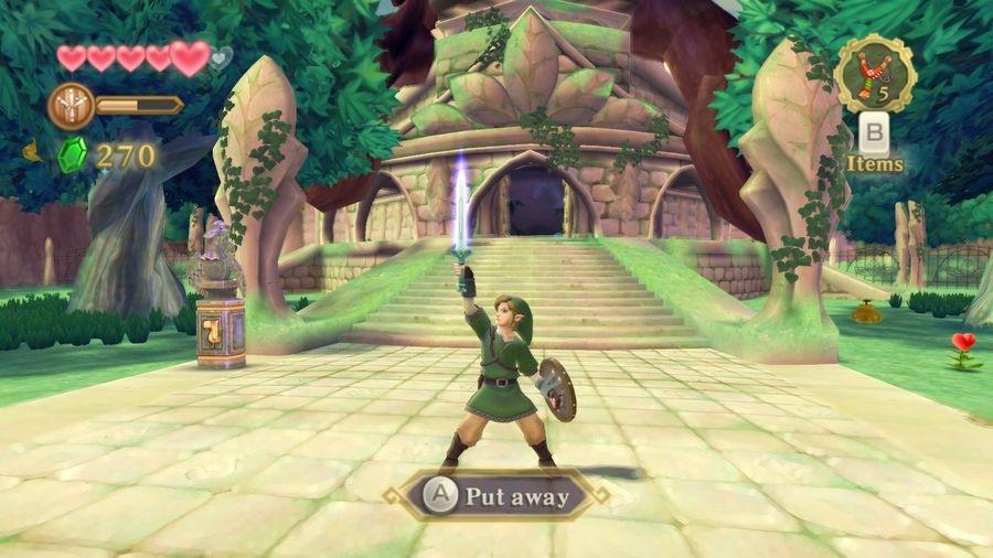 Link raises his sword skyward.