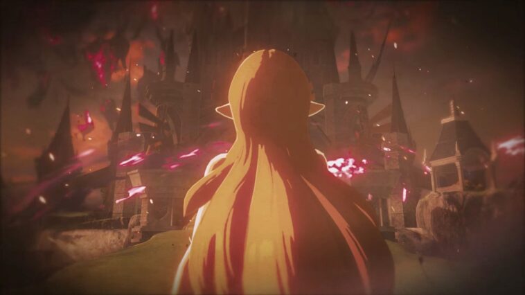 We see Zelda, and her long blonde hair, from behind, watching as Hyrule Castle is enveloped in darkness and the influence of Calamity Ganon.