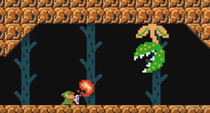 Link defends against a Piranha plant fireball using his shield