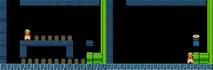 A side by side comparison of a bonus level before and after all coins and bricks are destroyed.