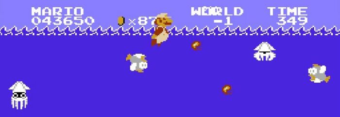 Super Mario shoots fireballs at Bloopers and Fish in the glitched Minus World