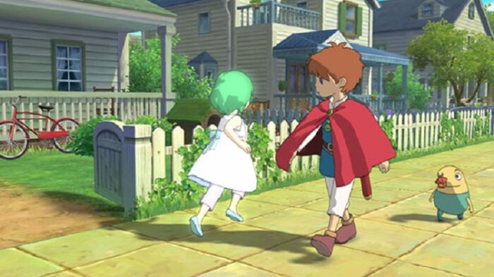 A young boy spots a green haired girl wearing all white, as his tiny creature friend Drippy follows from behind.