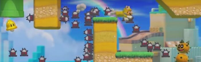 Cat Mario races to finish the level quickly as dozens of Ninji Ghosts race alongside him.