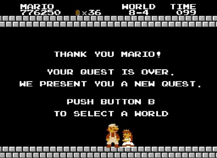 Mario rescues Princess Toadstool. She says, "Thank you Mario! Your quest is over. We present you a new quest!"