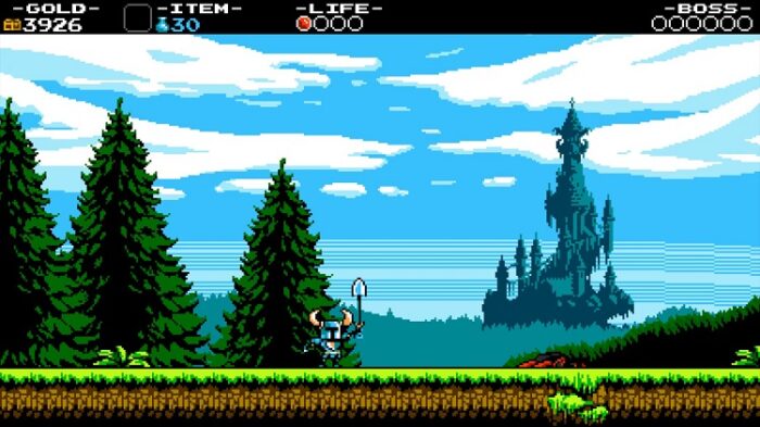 Shovel Knight raises his shovel victoriously after defeating the boss. In the background, a very Castlevania-looking castle can be seen.