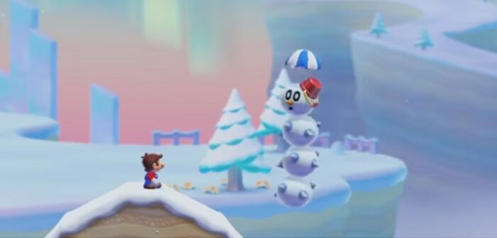 Mario encounters a Pokey dressed as a snowman in a Super Mario 3D World inspired snow level.