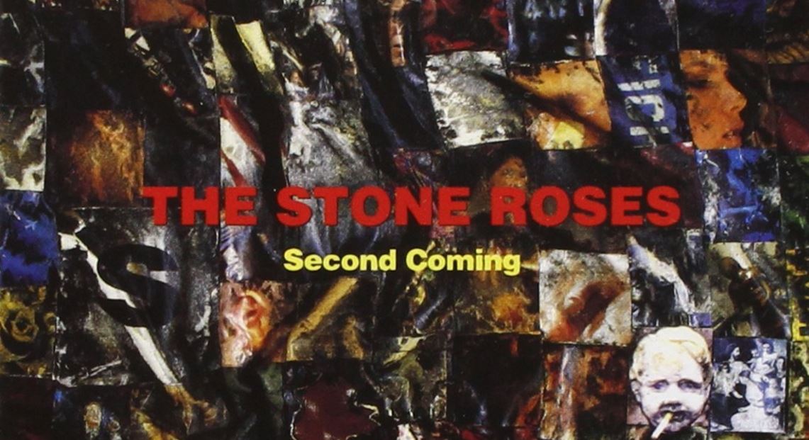 An assortment of haphazard photo collage that is reminiscent of shards of glass. "The Stone Roses" is in red and "Second Coming" is in smaller yellow font on top of the collage.