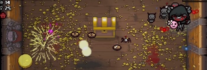 Typical mayhem happening in The Binding of Isaac. A large golden chest sits in the middle of a room filled with coins and golden flecks sprinkled on the ground. Your character, who has evolved into a floating monster, looks on and your tiny robot helper wanders the room.