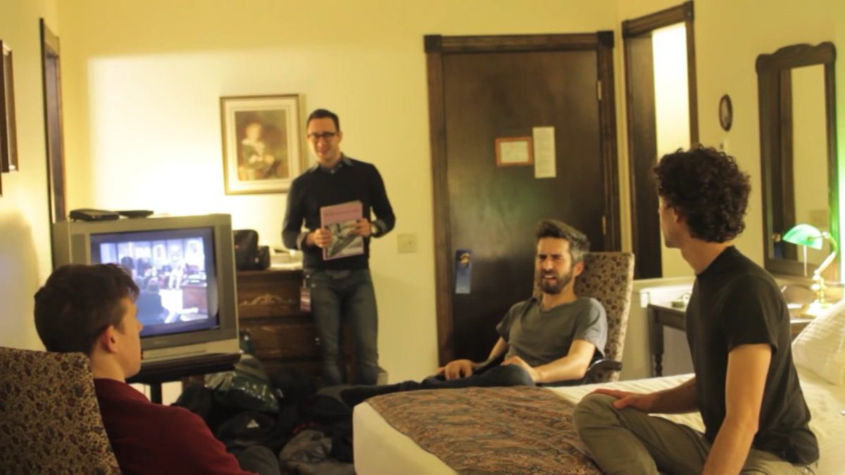 The indie band Tokyo Police Club chilling in a hotel room