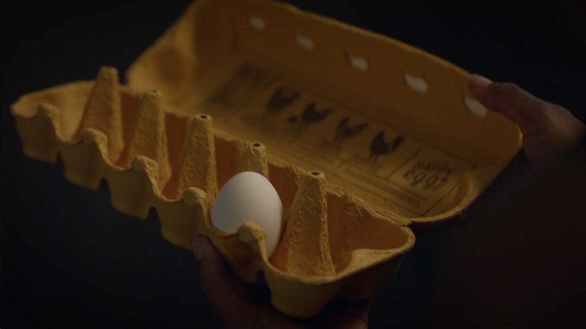 Watchmen - An egg carton is held open with only one egg remaining in it