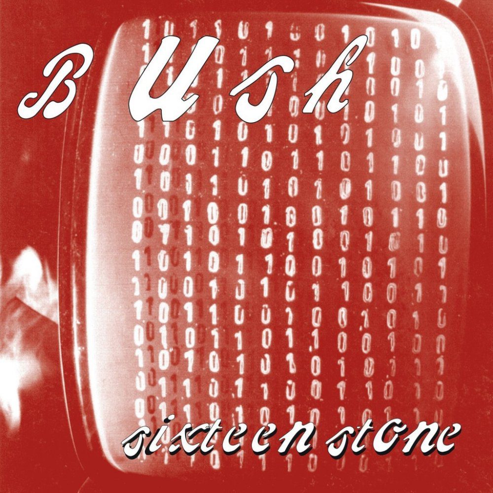 A convected glass in a square shape, with rows of 1s and 0s behind it, with different fonts for every letter of Bush, and sixteen stone in lower case cursive.