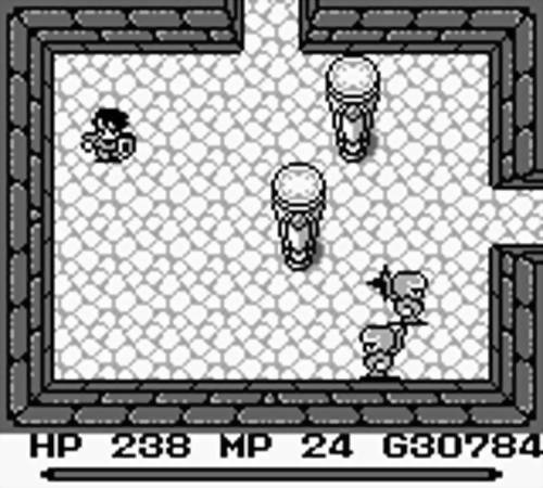 The protagonist is in a dungeon room with some pillars and ninjas