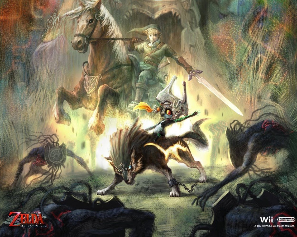 promotional art for the game, with link on his horse epona, with minda on wolf-link in front of him