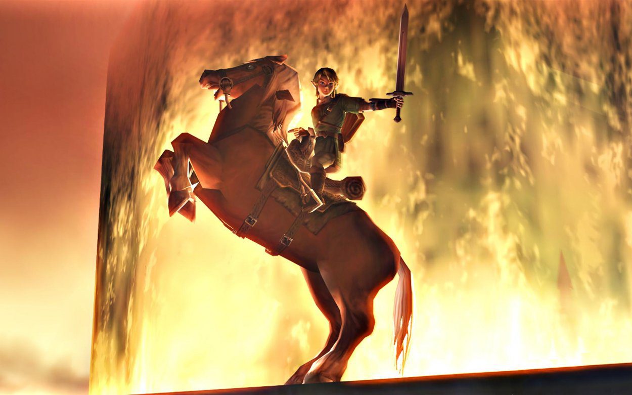 link on his horse in epona. Epona is on two legs with link holding his sword out, all in front of a epic background.