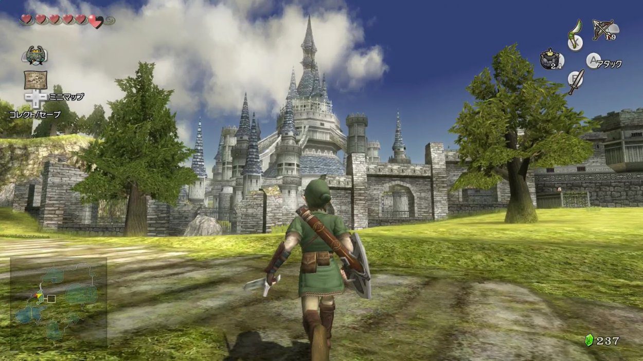 an image of the gameplay and HUD, with link running through a field towards Hyrule castle