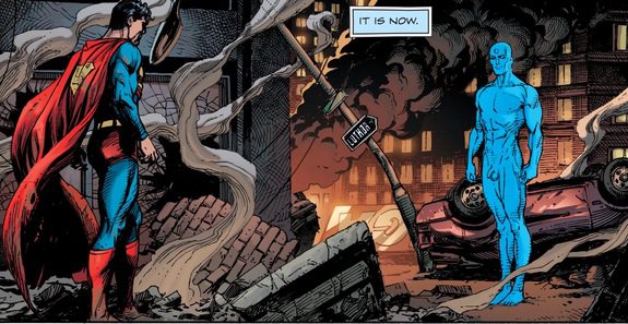Superman and Dr. Manhattan meet during battle