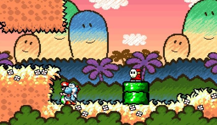 The hand drawn, crayon colored art of Yoshi's Island is childlike, unique and wonderful.