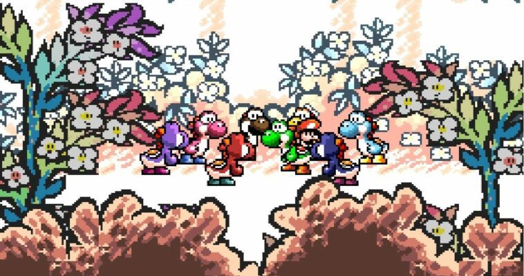 A group of multi-colored Yoshi gather around Baby Mario.