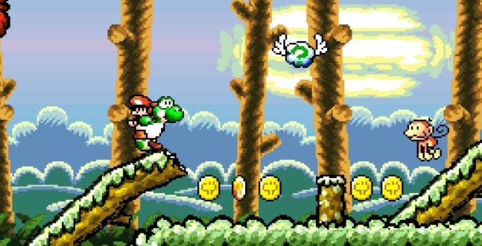 Yoshi approaches a harmless monkey going about his business in a beautiful jungle. He will soon devour the innocent creature and turn his into a projectile weapon.