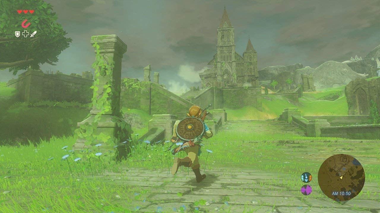 Link running around some temple ruins in the rain