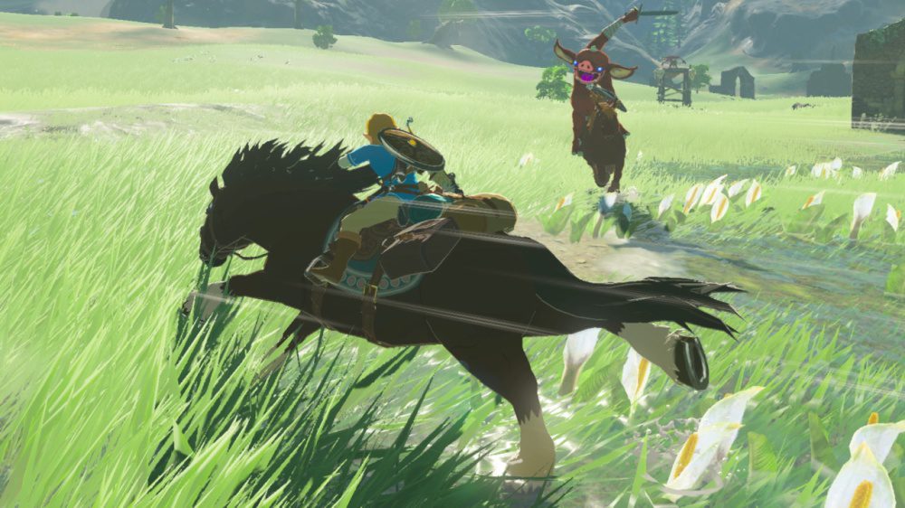 Link on a horse, firing an arrow at an enemy coming straight for him, also on a horse